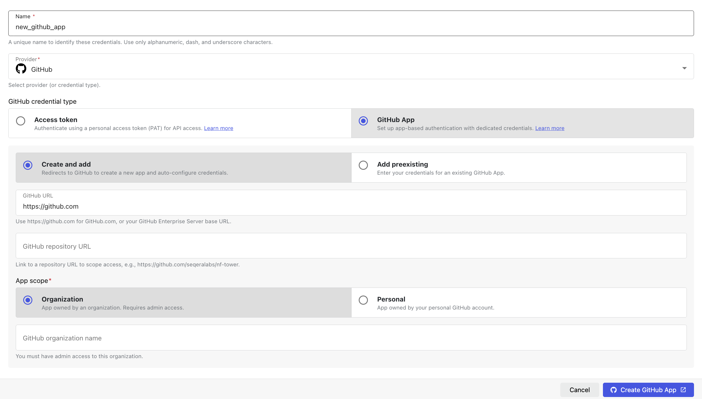 GitHub App credentials form showing the Access token / GitHub App tabs and the Create and add / Add preexisting sub-selector